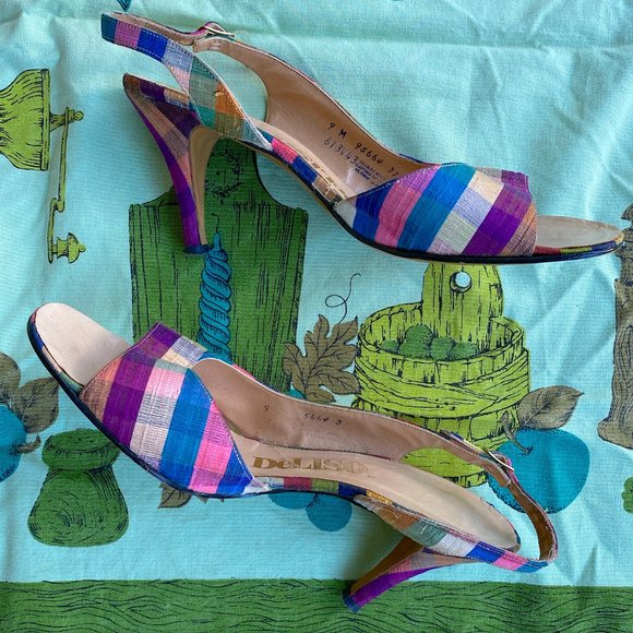 Vintage 1950s 1960s Spring Rainbow Plaid Silk Palter DeLiso Sandals Size US 9M - Picture 6 of 12